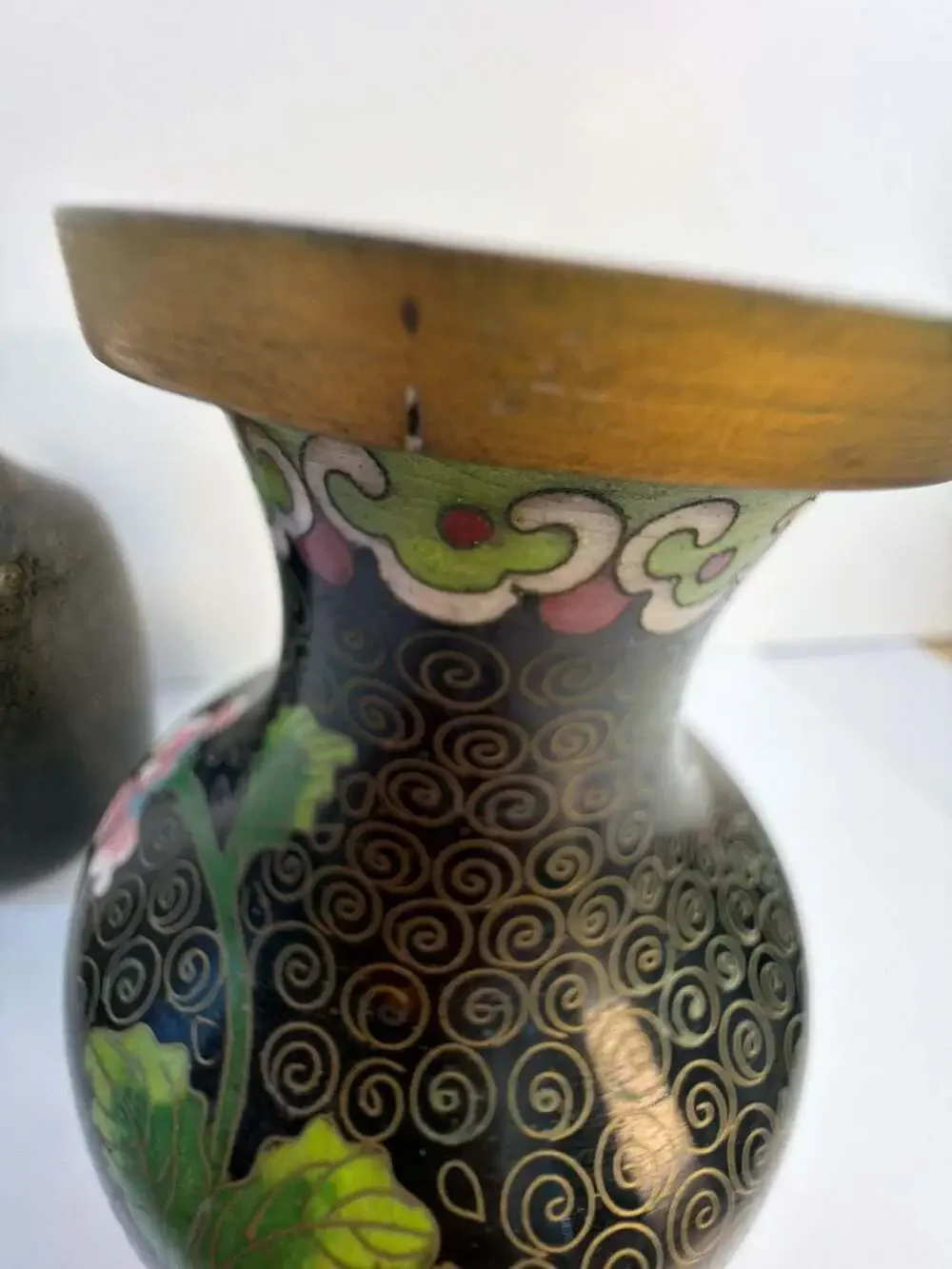 Vintage‎ Pair of Chinese Cloisonné Floral Vases Black Enamel